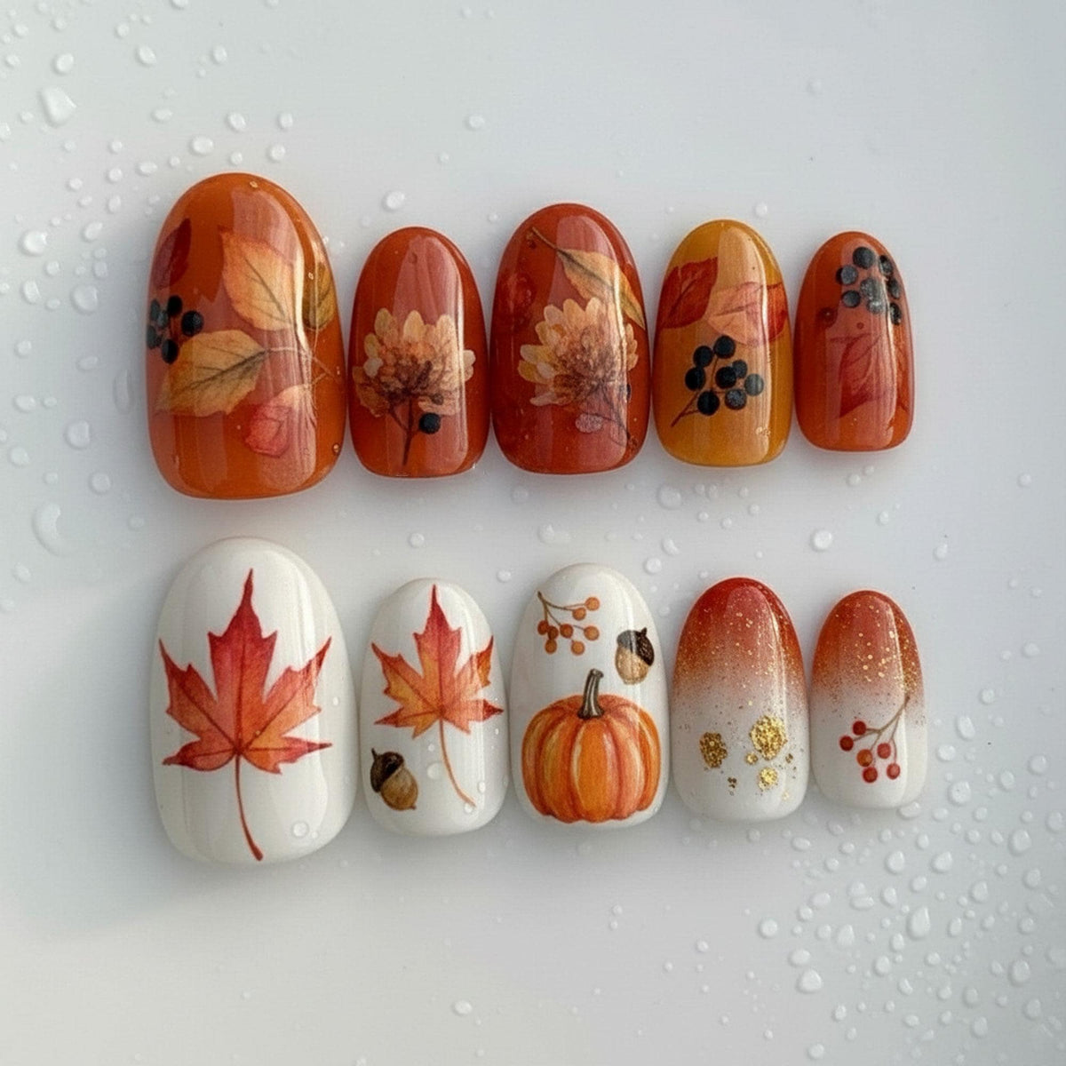 Autumn Harvest Press-On Nails With Maple Leaves, Pumpkins, Acorns, and Berries