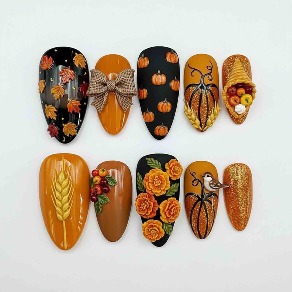 Autumn Harvest Press On Nails With Plaid Bow, Pumpkins, Maple Leaves and Gold Glitter
