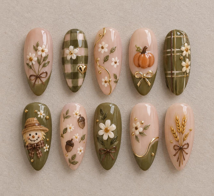 Autumn Harvest Press On Nails With Plaid, Flowers, Pumpkin and Scarecrow