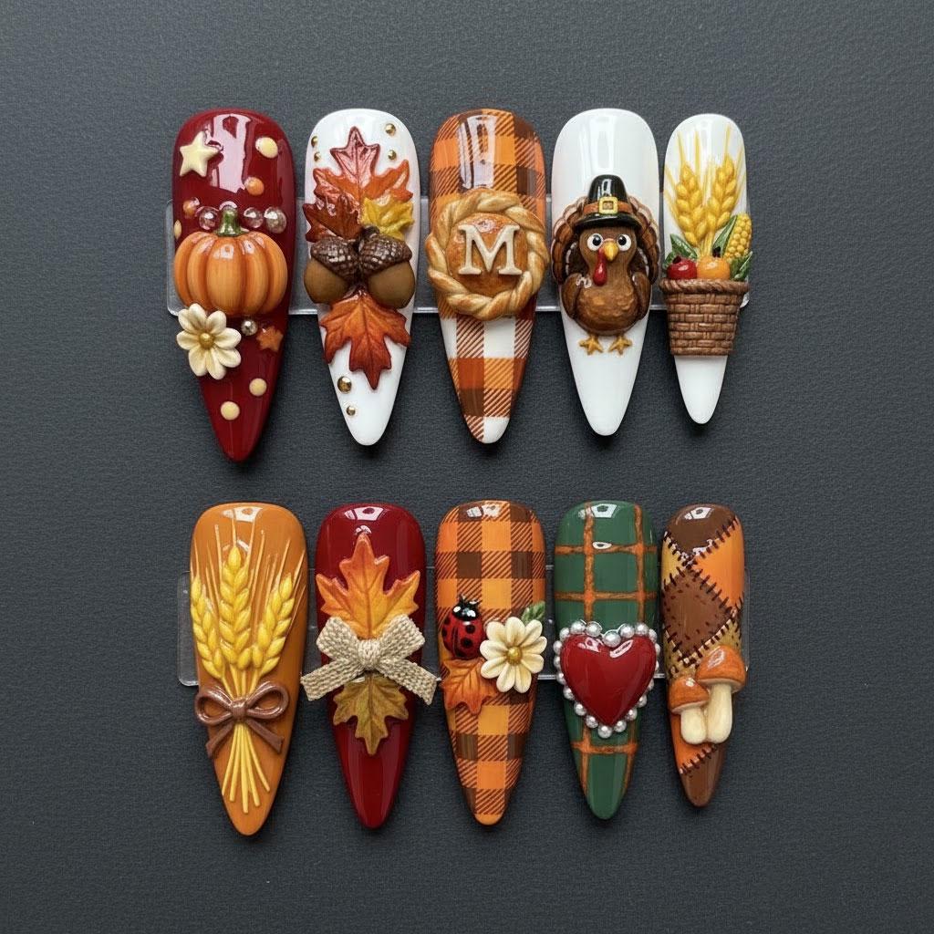 Autumn Harvest Press On Nails With Plaid, Pumpkins, Leaves & 3D Turkey Art