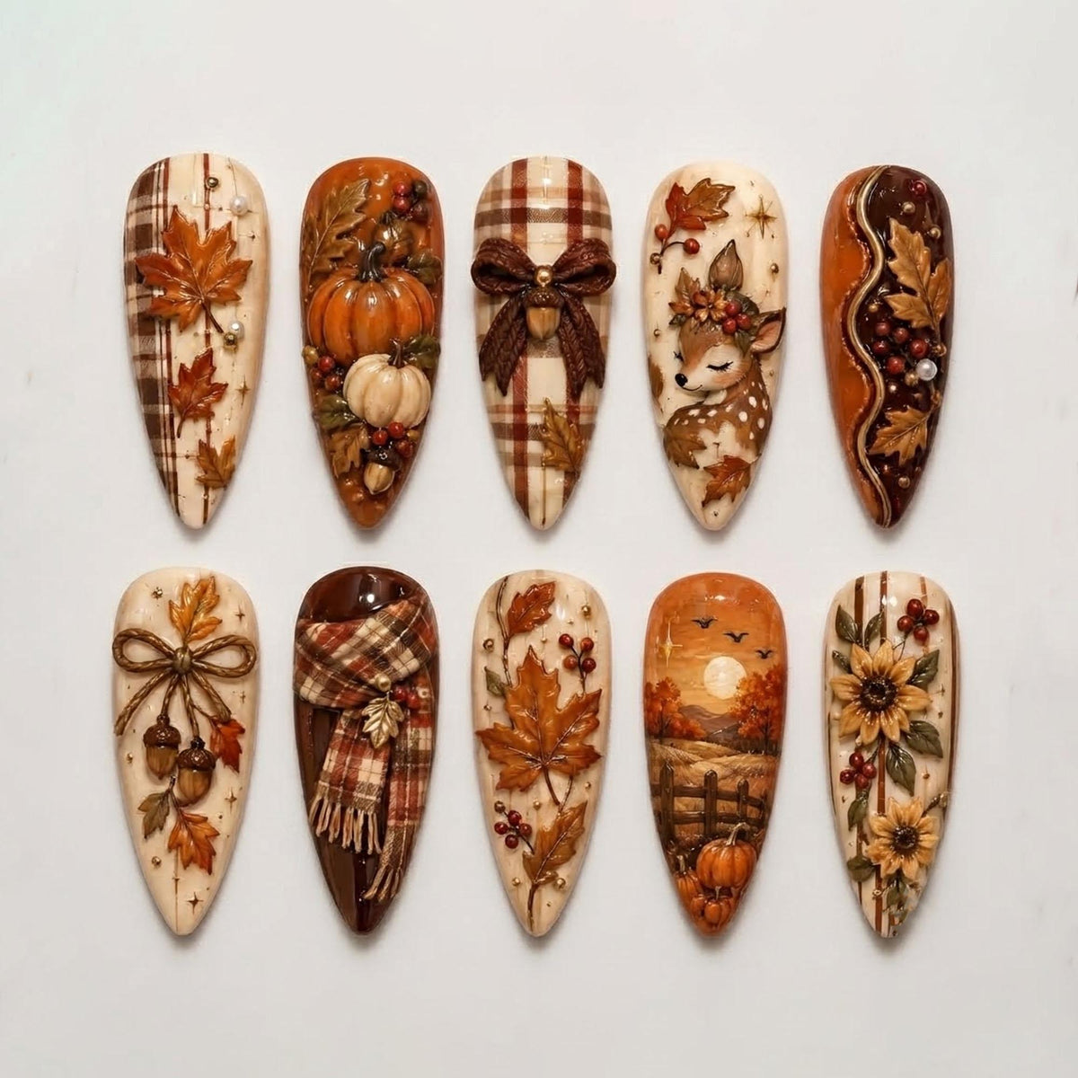 Autumn Harvest Press On Nails With Plaid, Pumpkins, Deer and Sunflowers