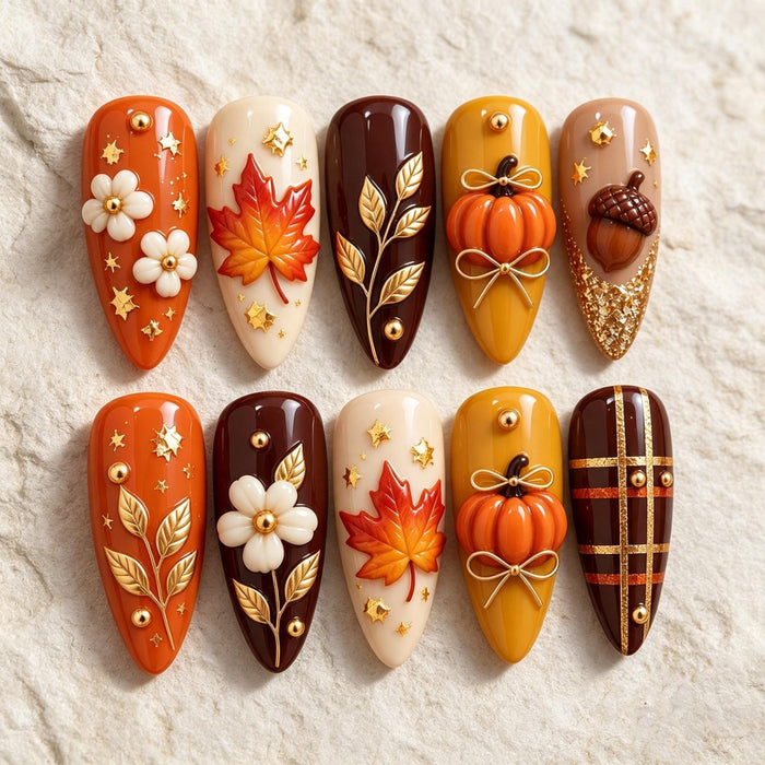 Autumn Harvest Press On Nails With Pumpkins, Maple Leaves, Flowers & Plaid
