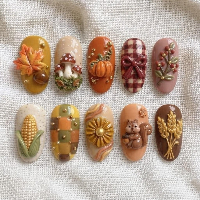 Autumn Harvest Press On Nails With Pumpkins, Mushrooms, Plaid Bows, and 3D Details