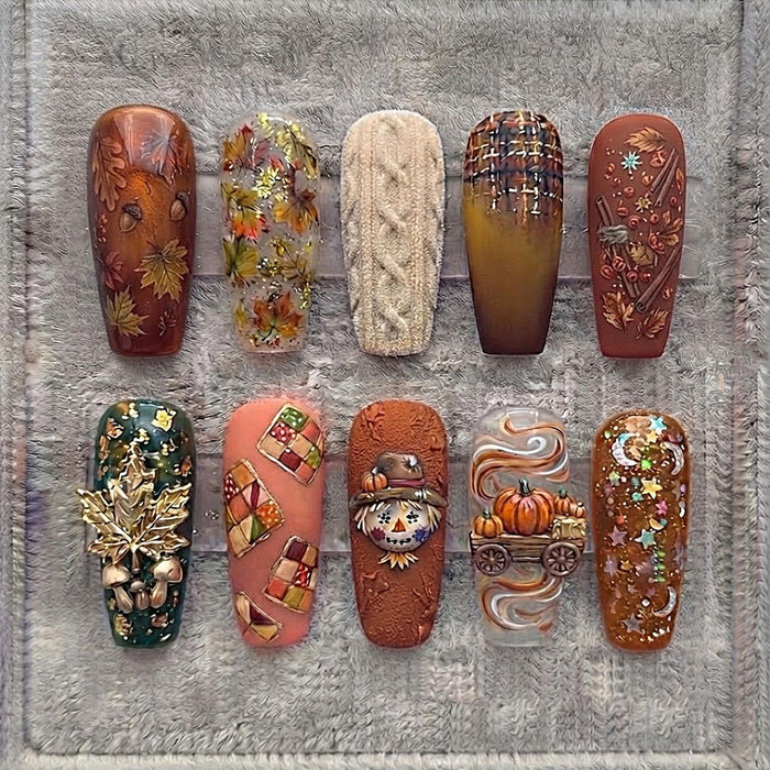 Autumn Harvest Press-On Nails With Pumpkins, Plaid, Maple Leaves & Sweater Details