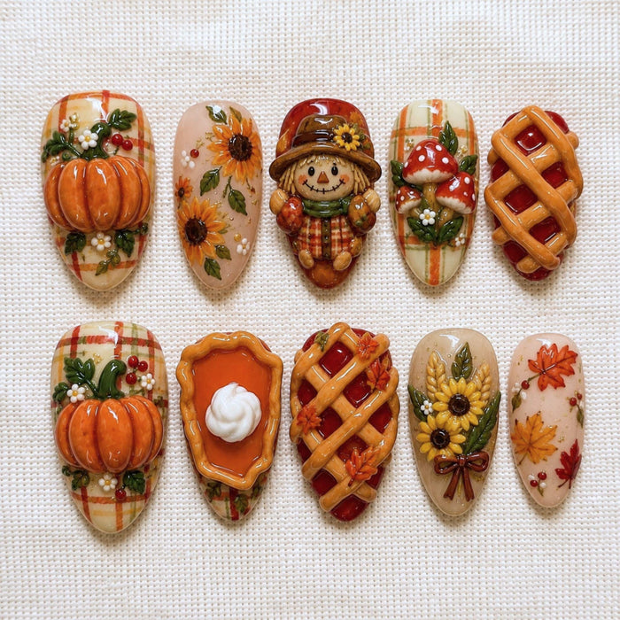 Autumn Harvest Press On Nails With Pumpkins, Sunflowers, Mushrooms and Pie Art