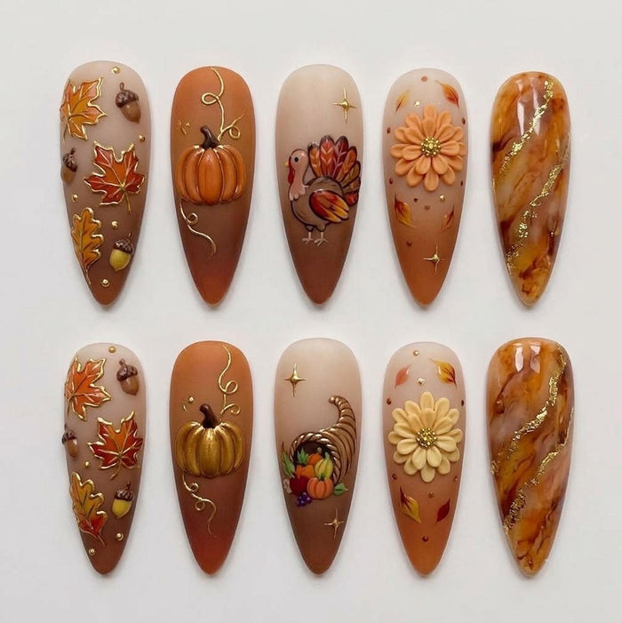 Autumn Harvest Press-On Nails With Pumpkins, Turkey, Maple Leaves & Gold Details