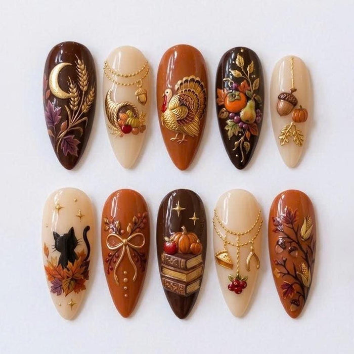 Autumn Harvest Press On Nails With Turkeys, Pumpkins, Acorns & Gold Details