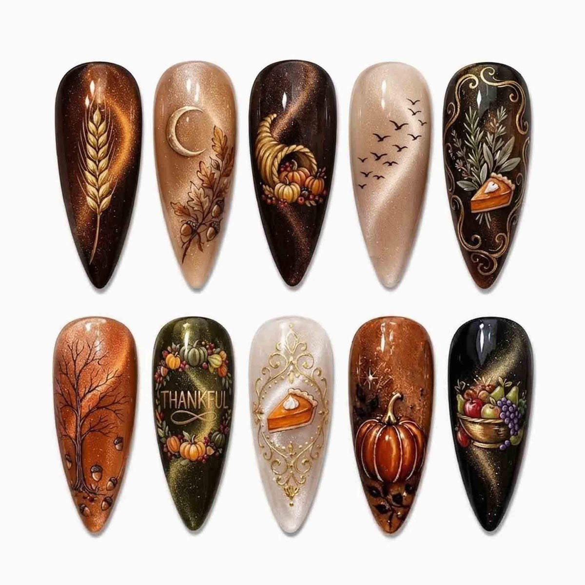 Autumn Harvest Thanksgiving Cat Eye Nail Set With Pumpkins, Pie, Wheat and Gold Scrollwork