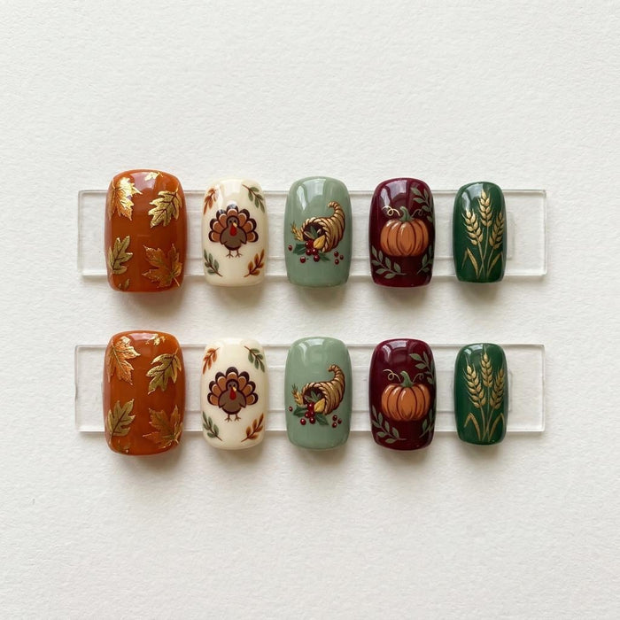 Autumn Harvest Thanksgiving Press On Nails With Turkey, Pumpkin, Wheat, and Gold Leaf