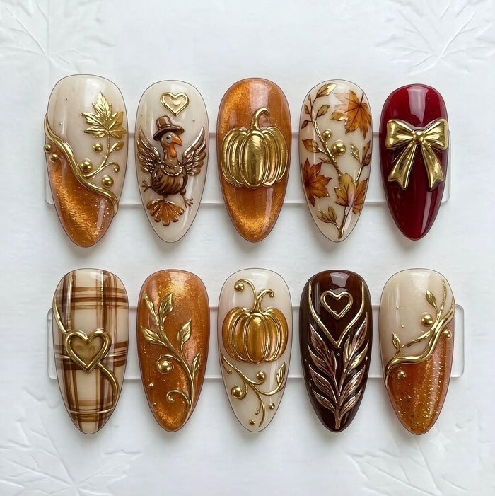 Autumn Harvest Thanksgiving Press On Nails With Gold Pumpkins, Leaves, Plaid & Bows