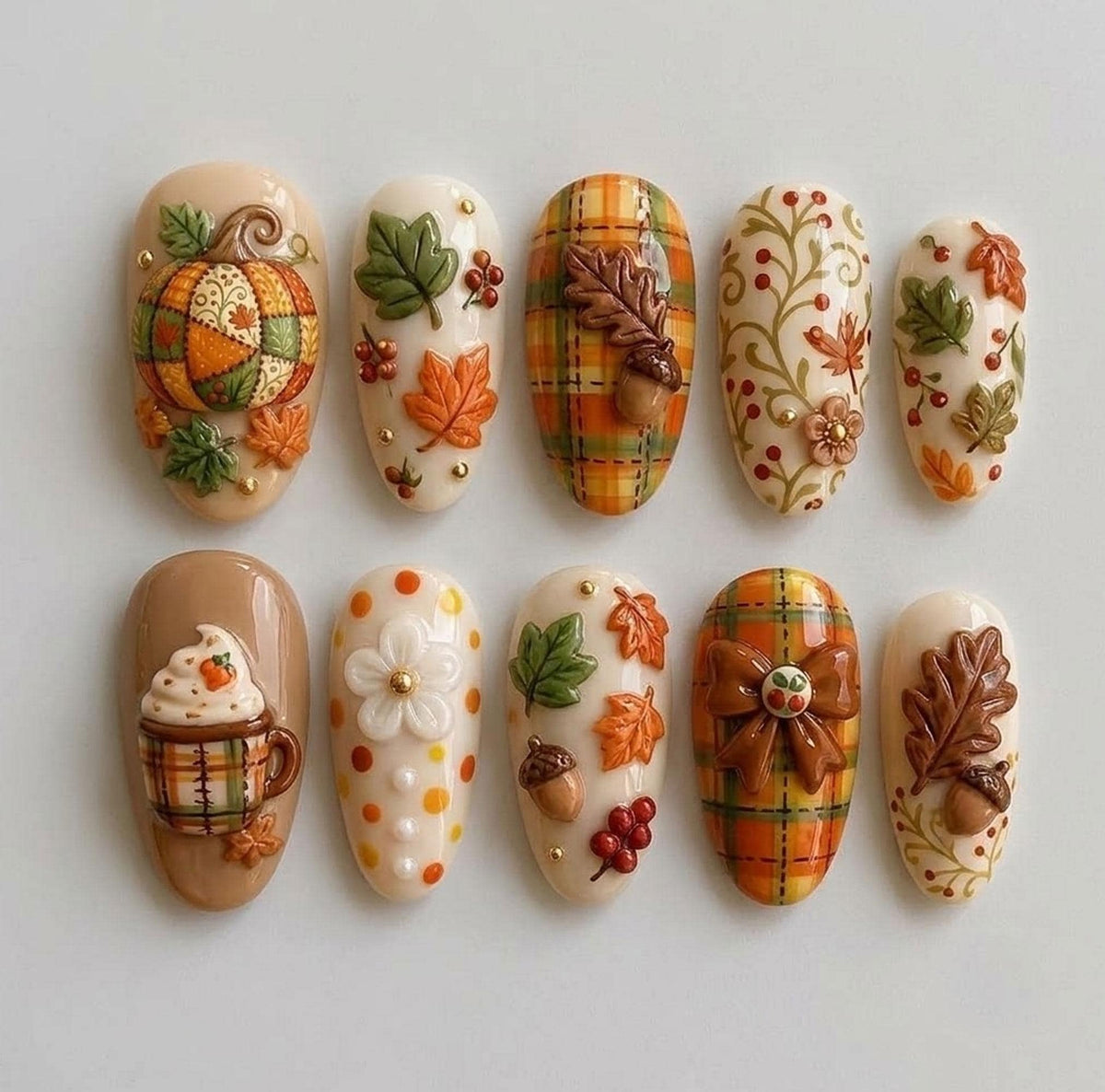 Autumn Harvest Thanksgiving Press-On Nails With Plaid, Pumpkin, Leaves, and Latte Mug
