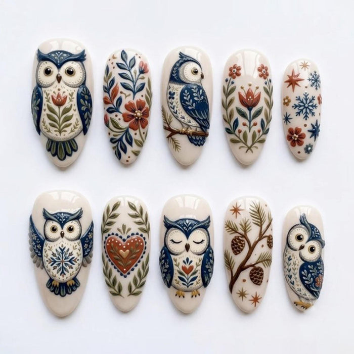 Autumn Ivory Folk Art Owl Press On Nails With Floral, Snowflake and Woodland Designs