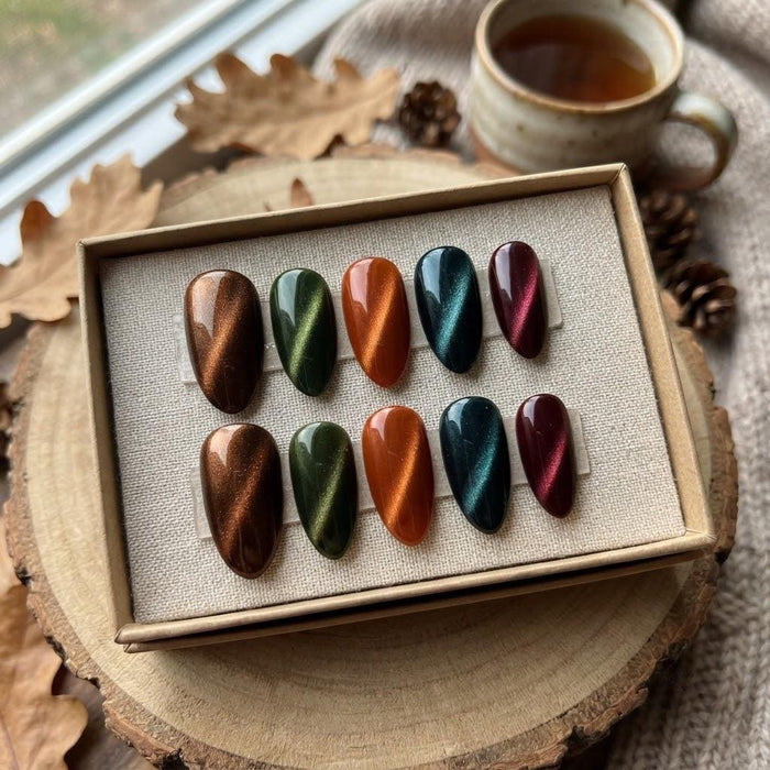 Autumn Jewel-Tone Cat Eye Press On Nails