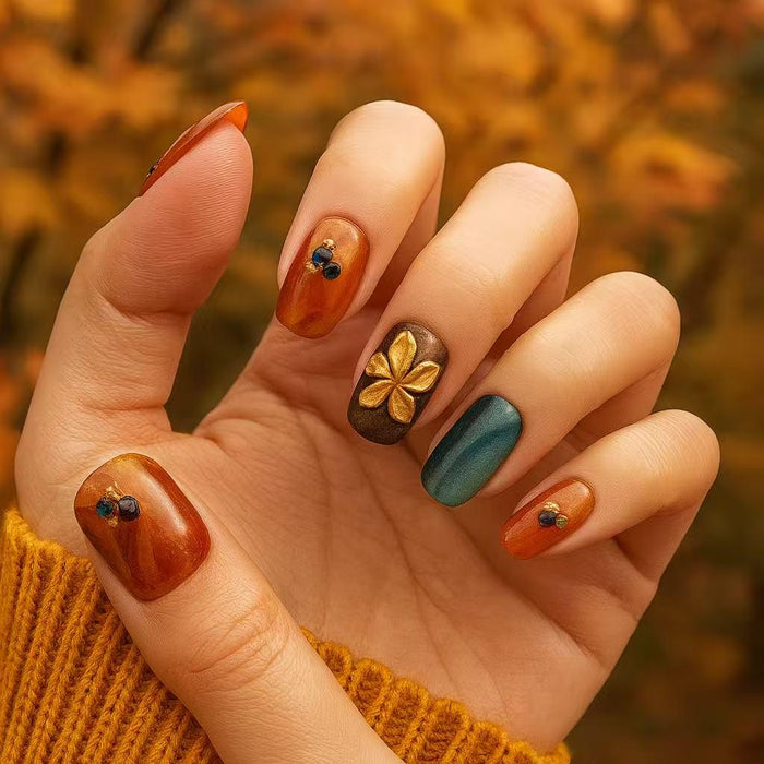 Autumn Jewel-Toned Press On Nails With Gold Flowers and Gem Clusters