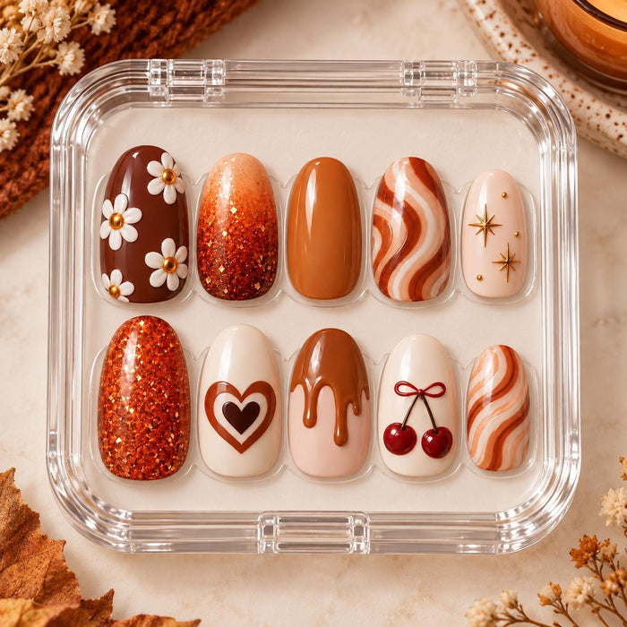 Autumn Latte Daisy and Cherry Press On Nail Set