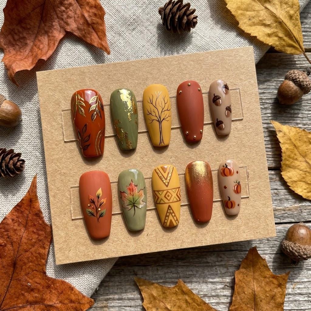 Autumn Leaf and Acorn Nail Set in Rust, Sage, Mustard, and Gold