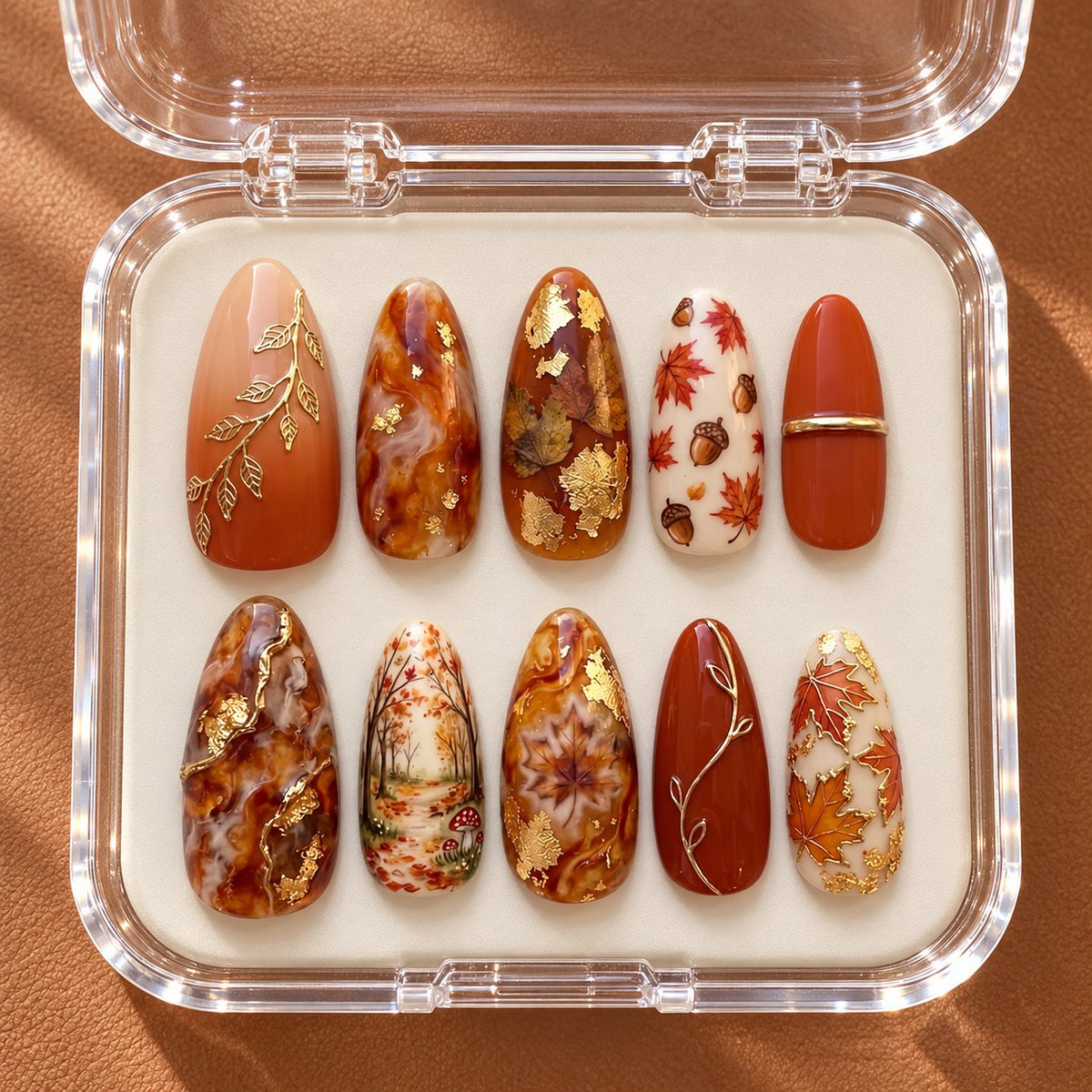 Autumn Leaf and Acorn Press-On Nail Set with Gold Foil in clear acrylic storage box