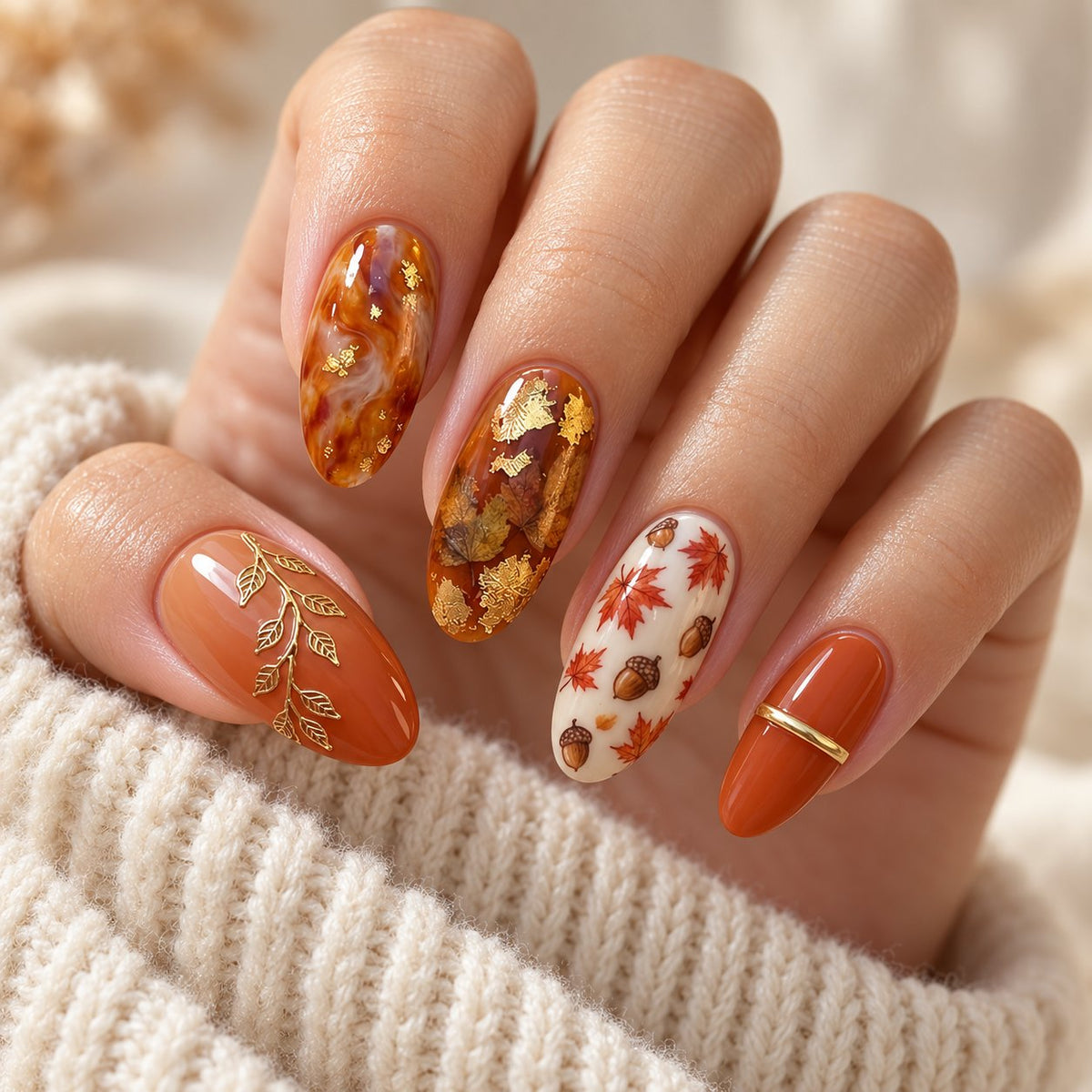 Autumn Leaf and Acorn Press-On Nail Set with Gold Foil worn on hand