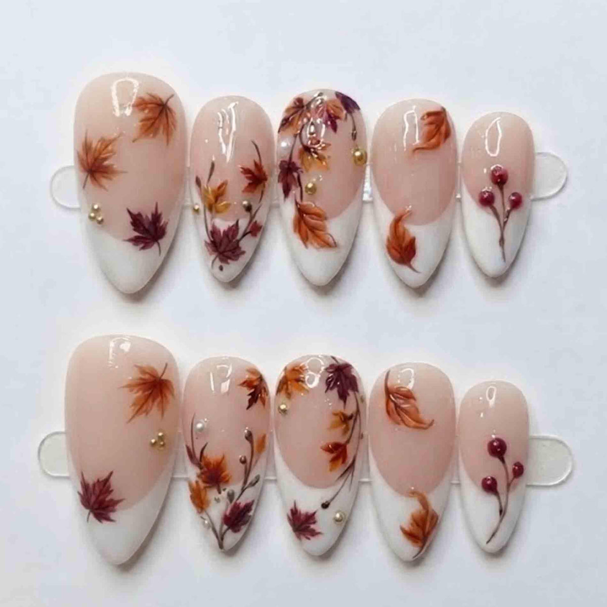 Autumn Leaf and Berry French Tip Press On Nails with Gold Bead Details