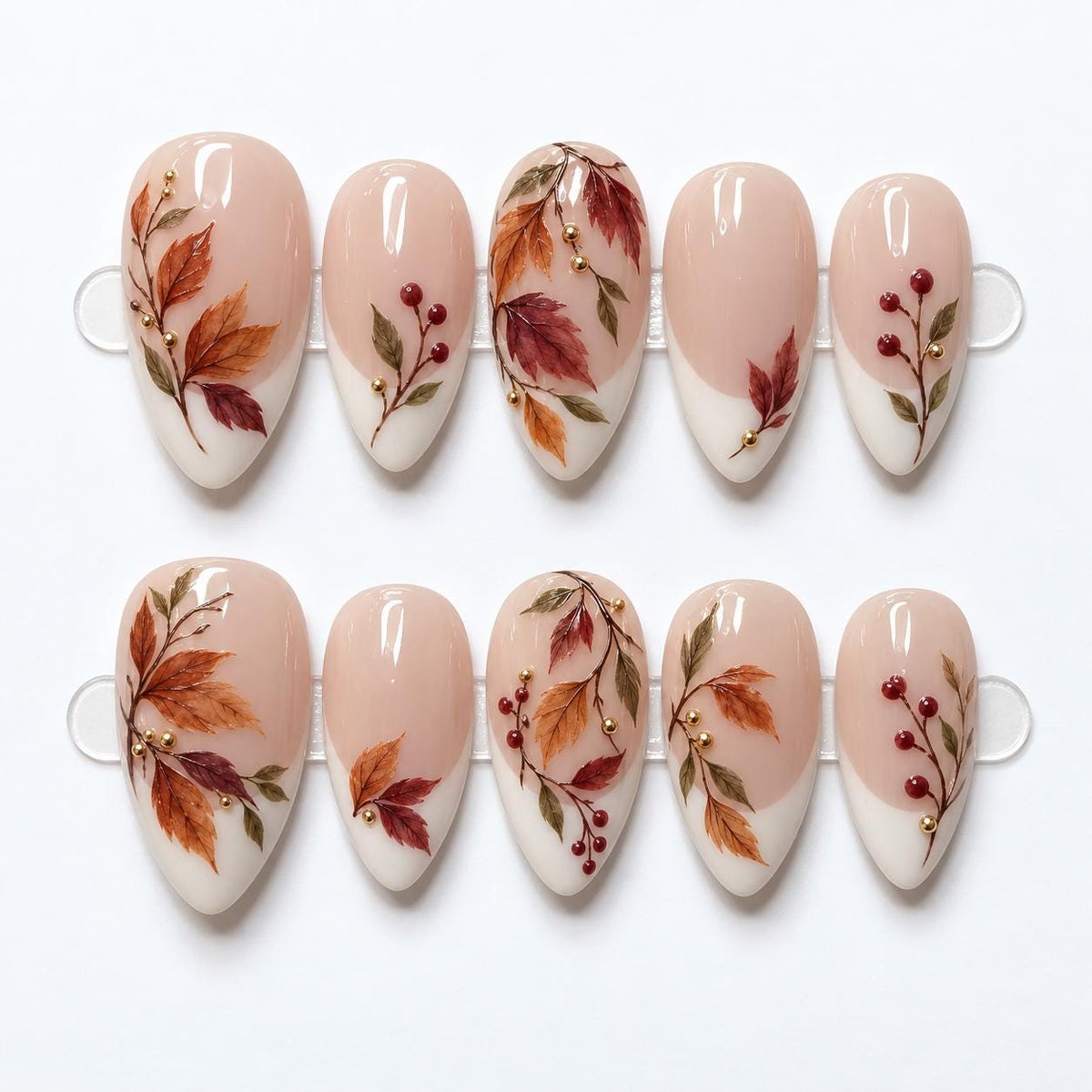 Autumn Leaf and Berry French Tip Press On Nails with Gold Bead Accents