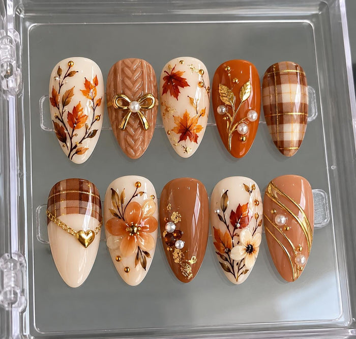 Autumn Leaf and Floral Press On Nails with Plaid, Knit Texture, and Gold Accents