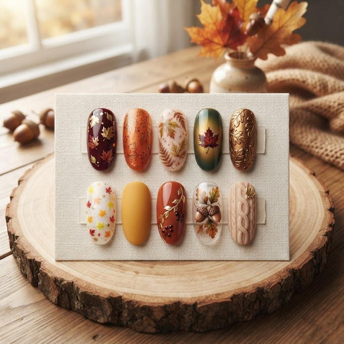 Autumn Leaf and Knit Press On Nails in Burgundy, Mustard and Gold