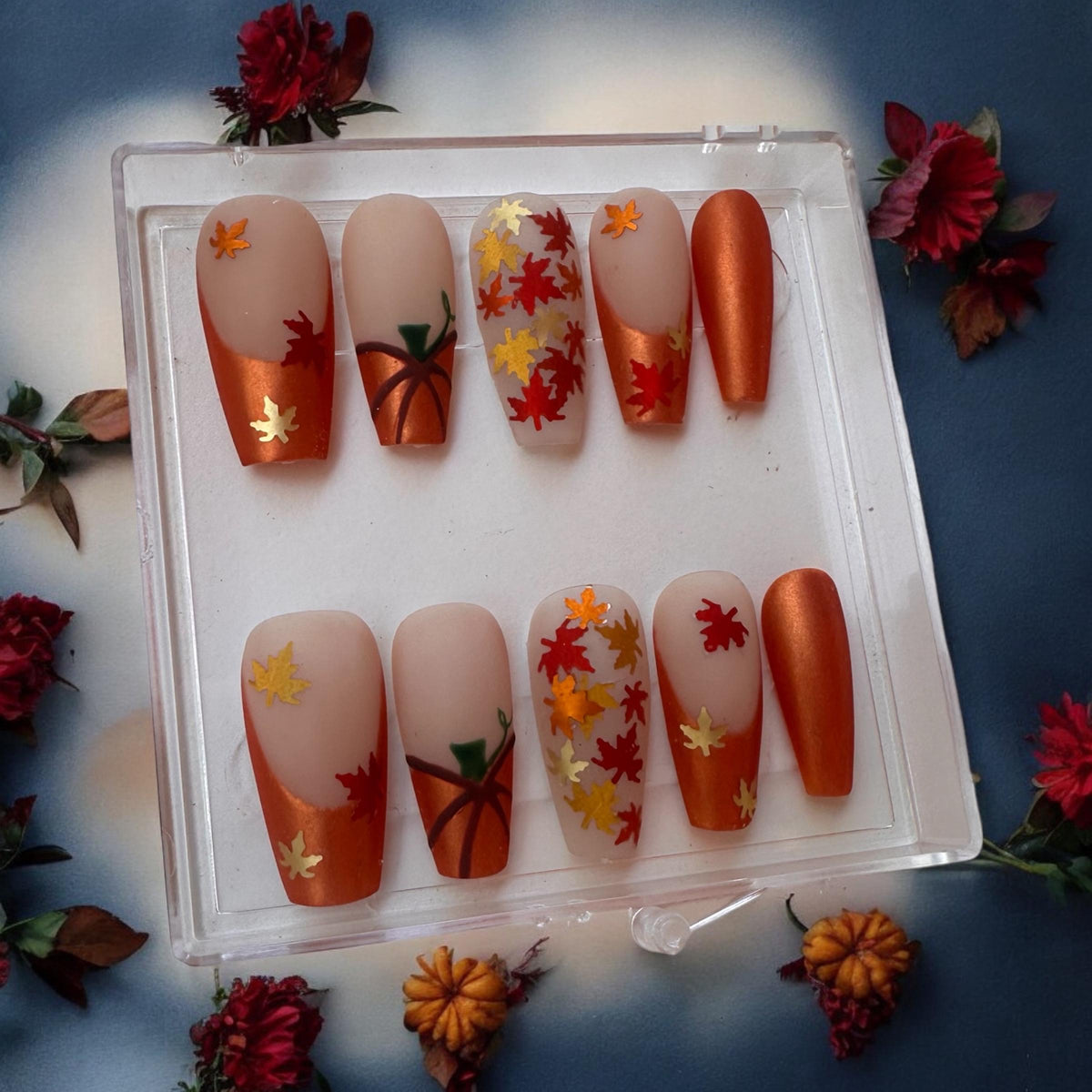 Autumn Leaf and Pumpkin Press-On Nail Set in Copper and Nude