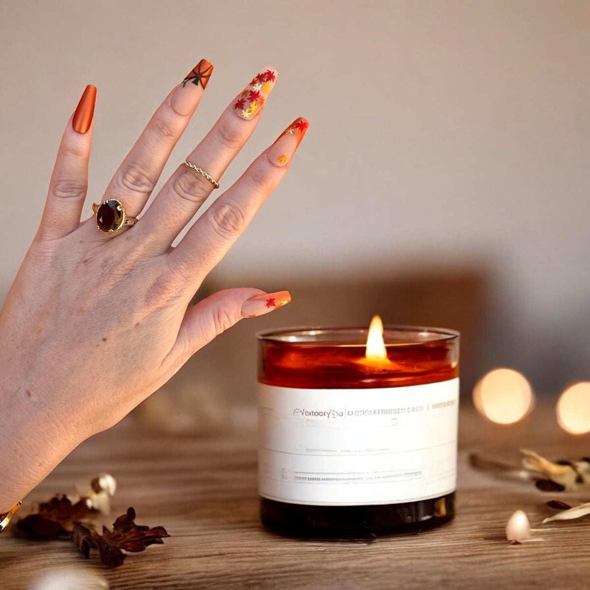 Autumn Leaf and Pumpkin Press-On Nail Set in Copper and Nude