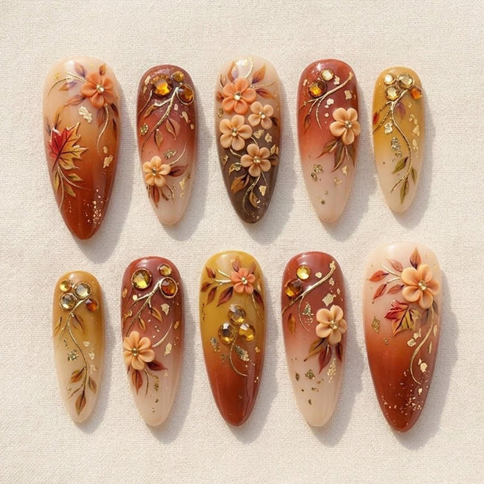 Autumn Leaf and Raised Flower Thanksgiving Press On Nails with Gold Botanical Details
