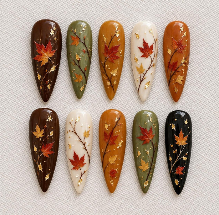 Autumn Leaf Botanical Press On Nails in Amber, Olive, Ivory, and Brown