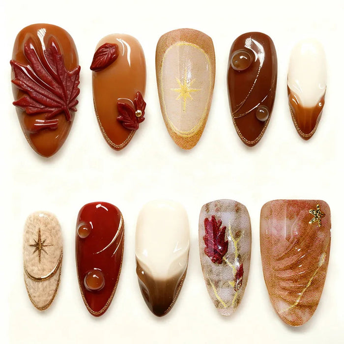 Autumn Leaf Brown and Gold Press On Nail Set