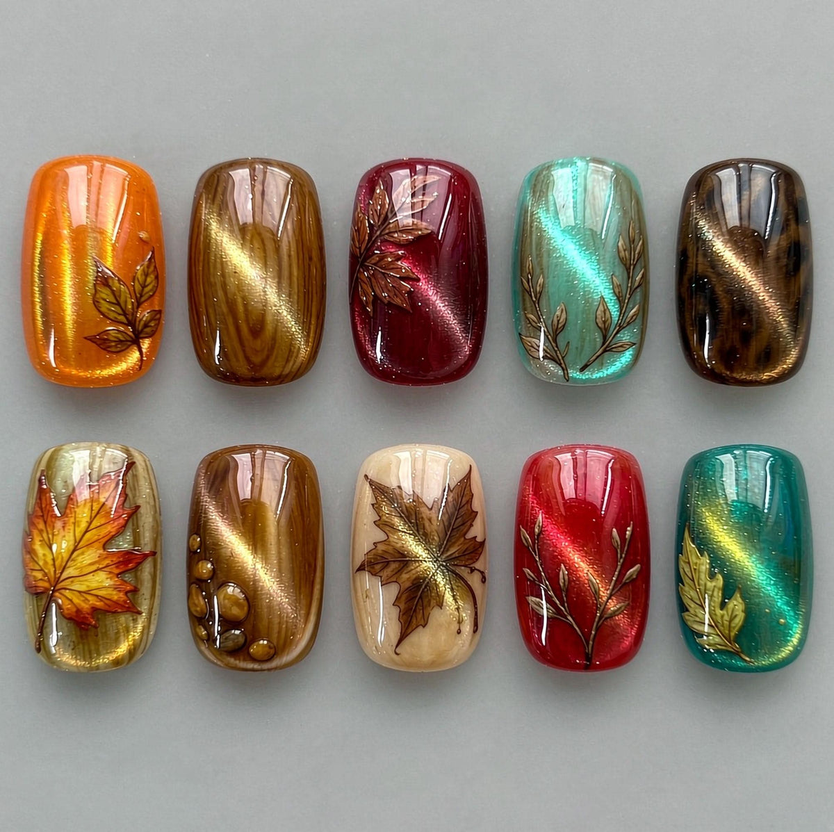 Autumn Leaf Cat-Eye Nail Set in Amber, Burgundy, Teal and Gold