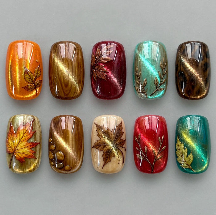 Autumn Leaf Cat-Eye Press On Nail Set in Amber, Burgundy, Teal and Gold