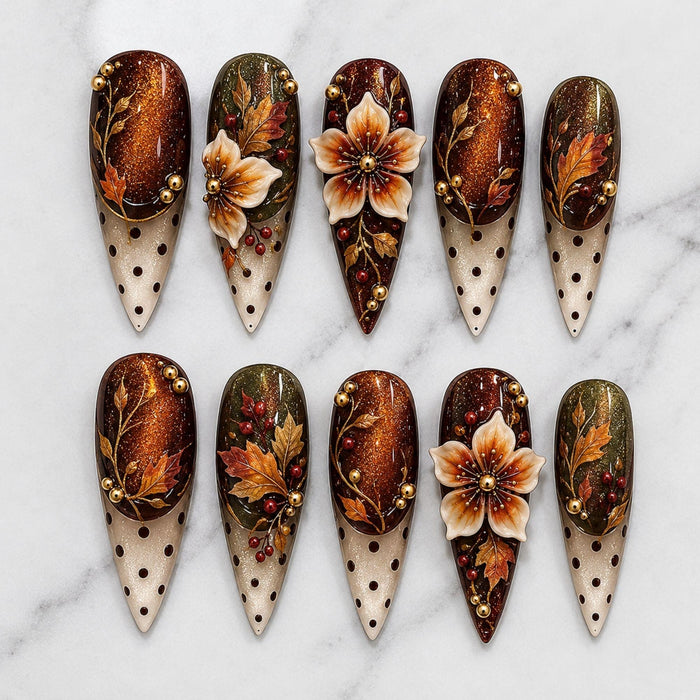 Autumn Leaf Cat Eye Press On Nails With Raised Flowers and Gold-Toned Details