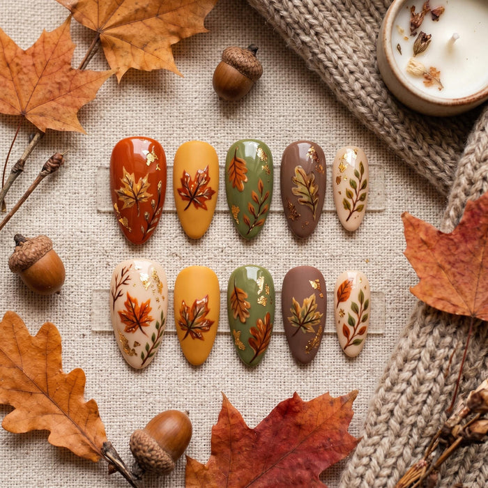 Autumn Leaf Press On Nails in Burnt Orange, Mustard, Sage, and Taupe
