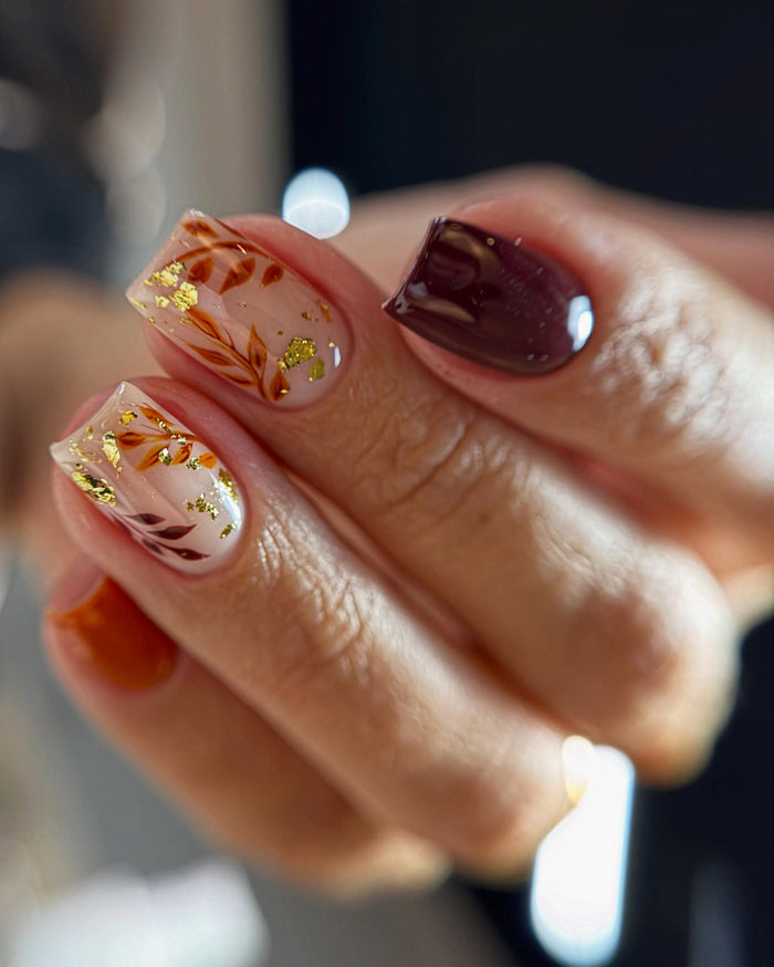 Autumn Leaf Press On Nails With Burgundy, Amber Orange, and Gold Foil