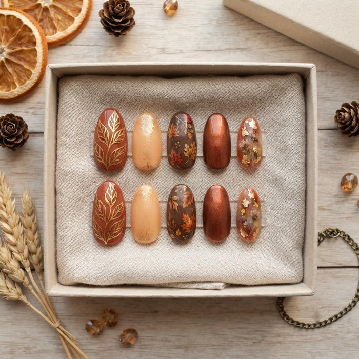 Autumn Leaf Press On Nails With Gold Botanical Art