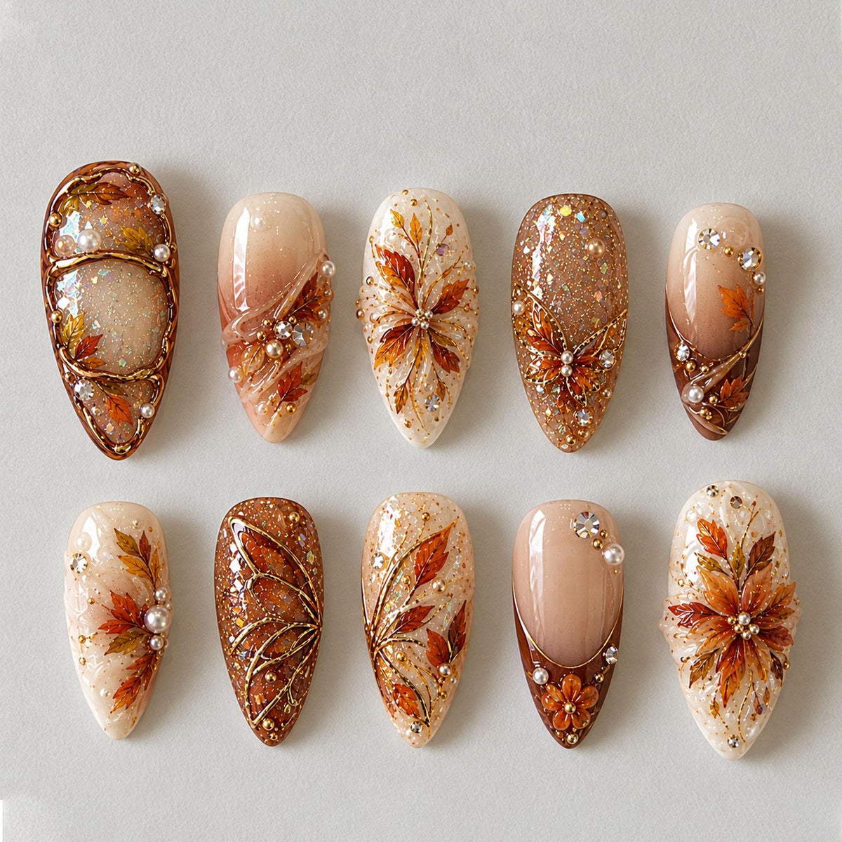 Autumn Leaf Press On Nails With Gold Glitter, Pearls and Rhinestones