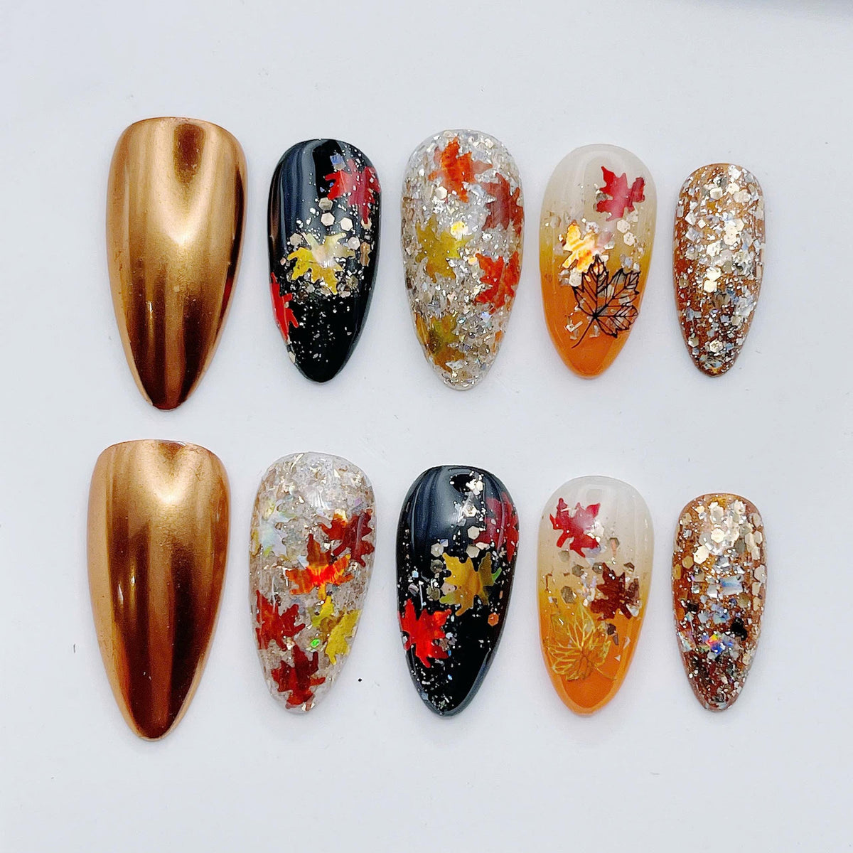 Autumn Leaf Press On Nails With Gold Metallic and Glitter