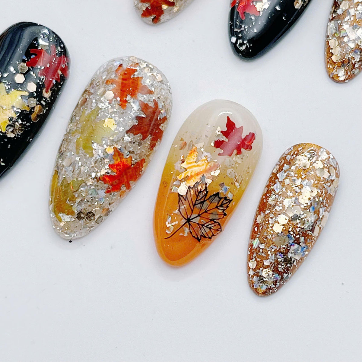 Autumn Leaf Press On Nails With Gold Metallic and Glitter