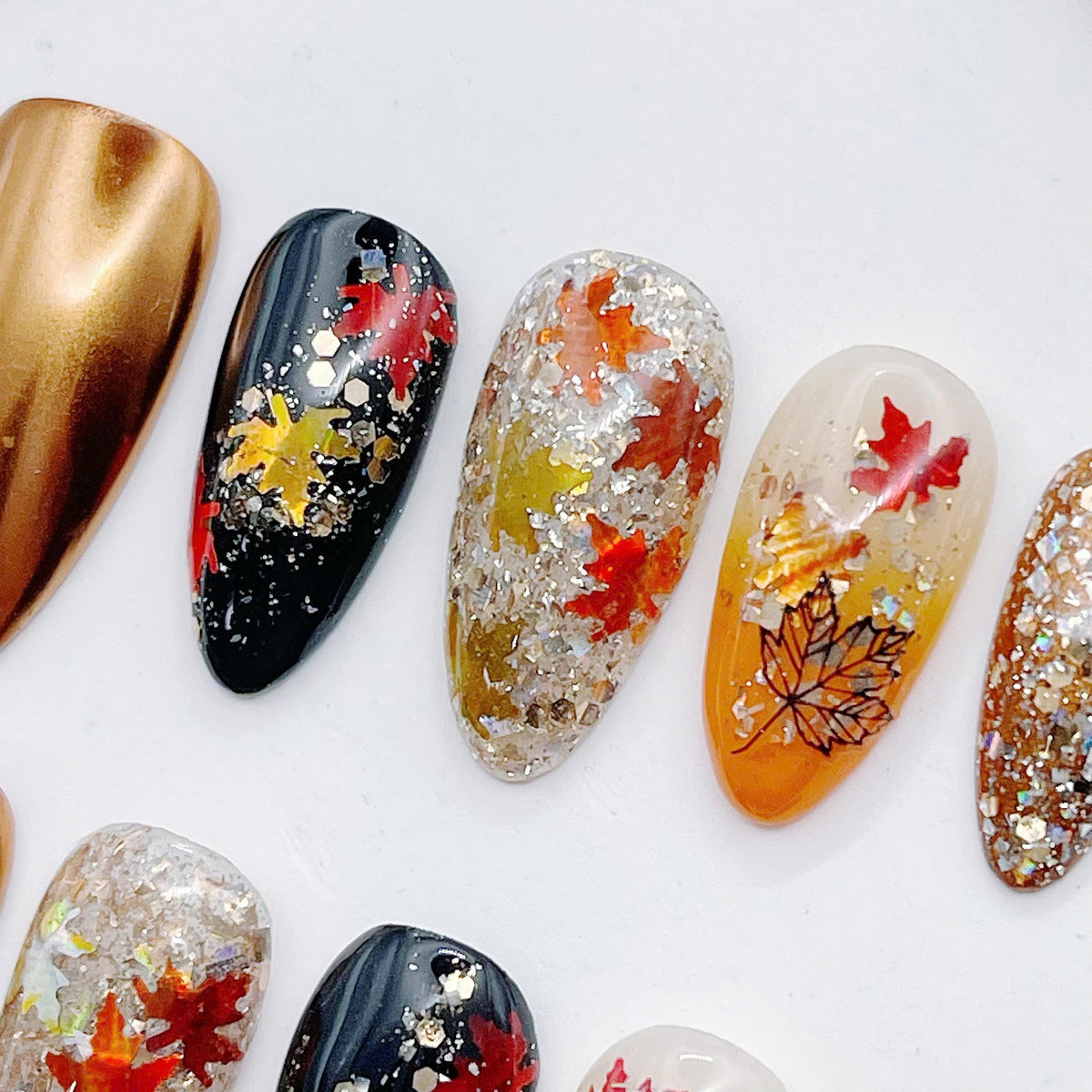 Autumn Leaf Press On Nails With Gold Metallic and Glitter