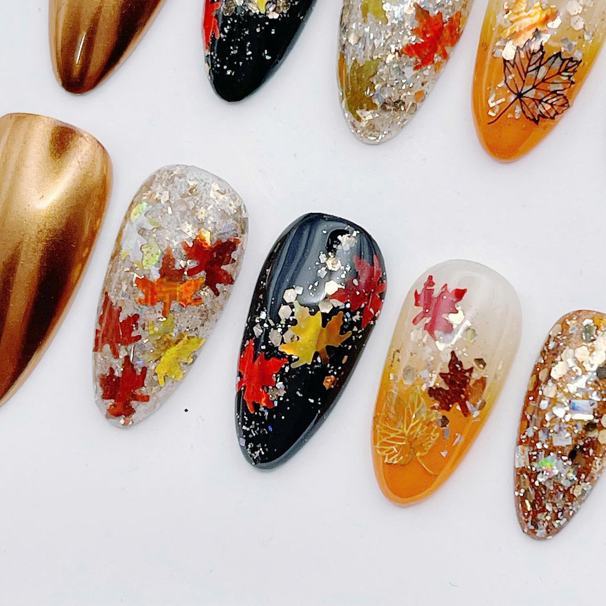 Autumn Leaf Press On Nails With Gold Metallic and Glitter