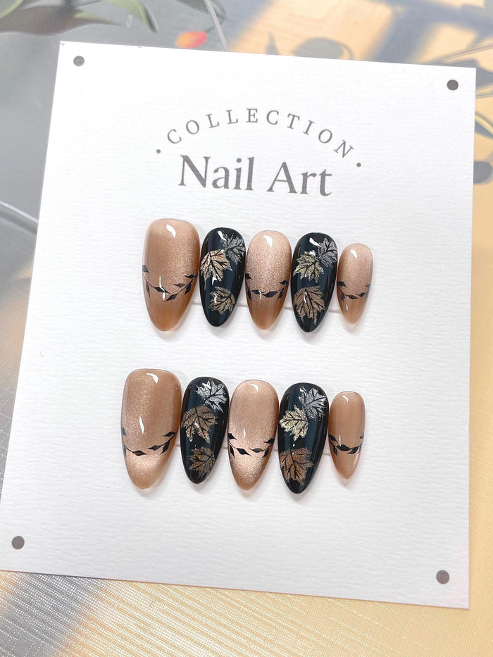 Autumn Leaf Press On Nails With Shimmering Nude and Charcoal Details