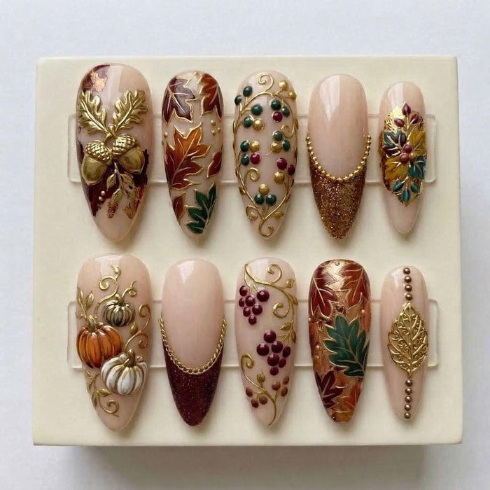 Autumn Leaves, Acorns and Pumpkins Press-On Nail Set with Gold Details