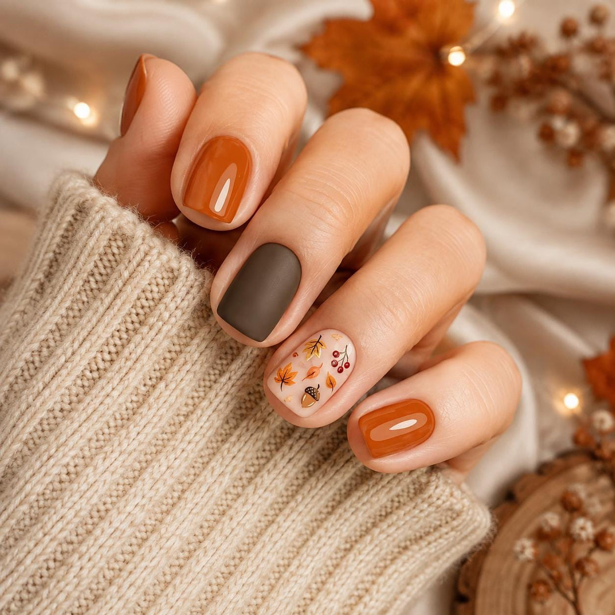 Autumn Leaves and Pinecone Nail Set in Terracotta, Brown, and Pink