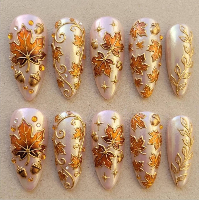 Autumn Maple Leaf and Acorn Press On Nails with Raised Gold Details