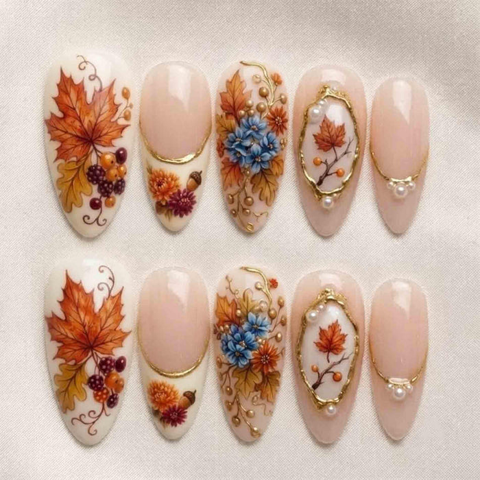 Autumn Maple Leaf and Floral Press On Nails with Gold Frames and Pearl Accents
