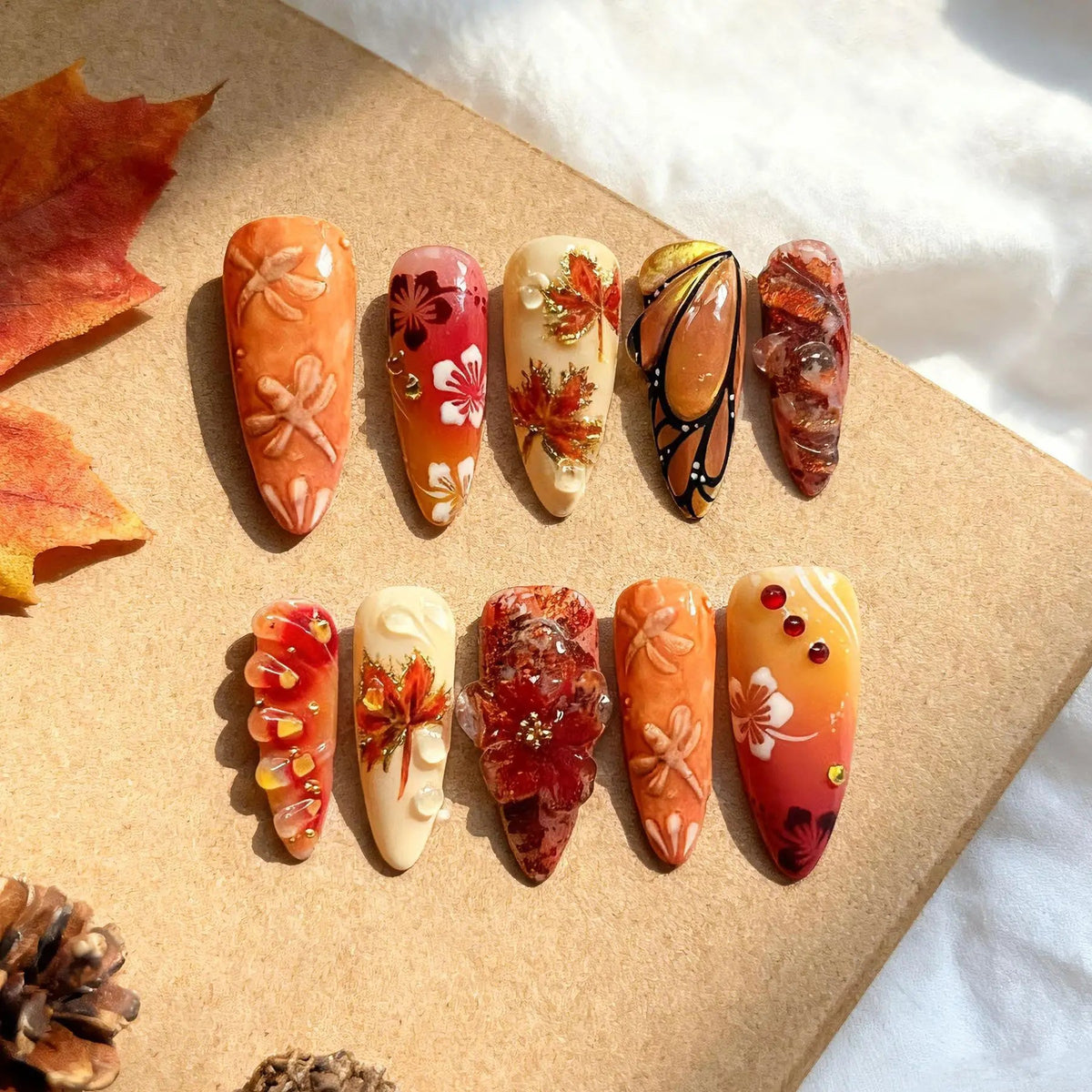 Autumn Maple Leaf and Floral Press-On Nail Set with Raised Details