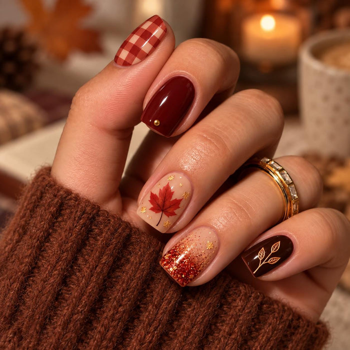 Autumn Maple Leaf and Gingham Press-On Nails in Burgundy and Terracotta