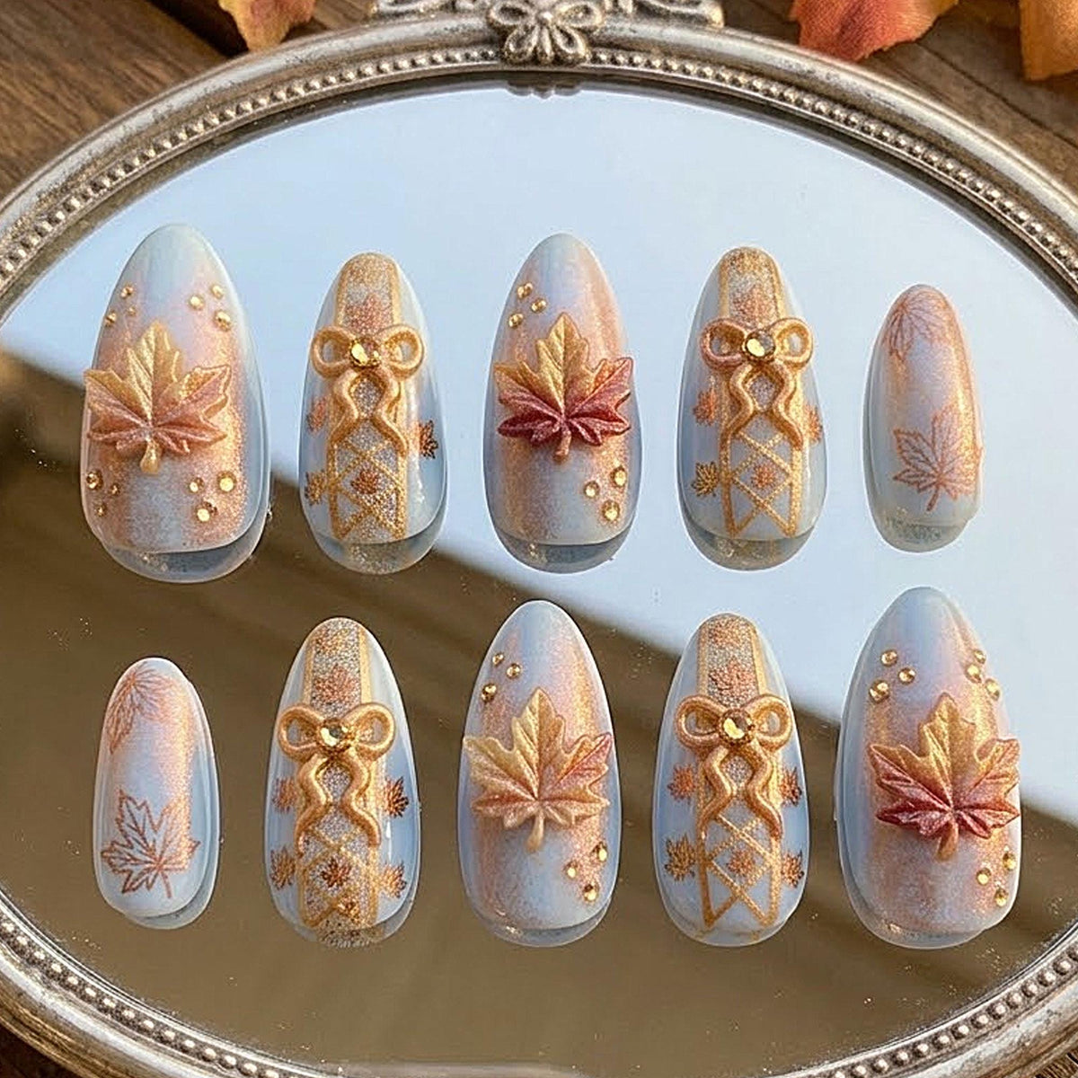 Autumn Maple Leaf and Gold Bow Press On Nails